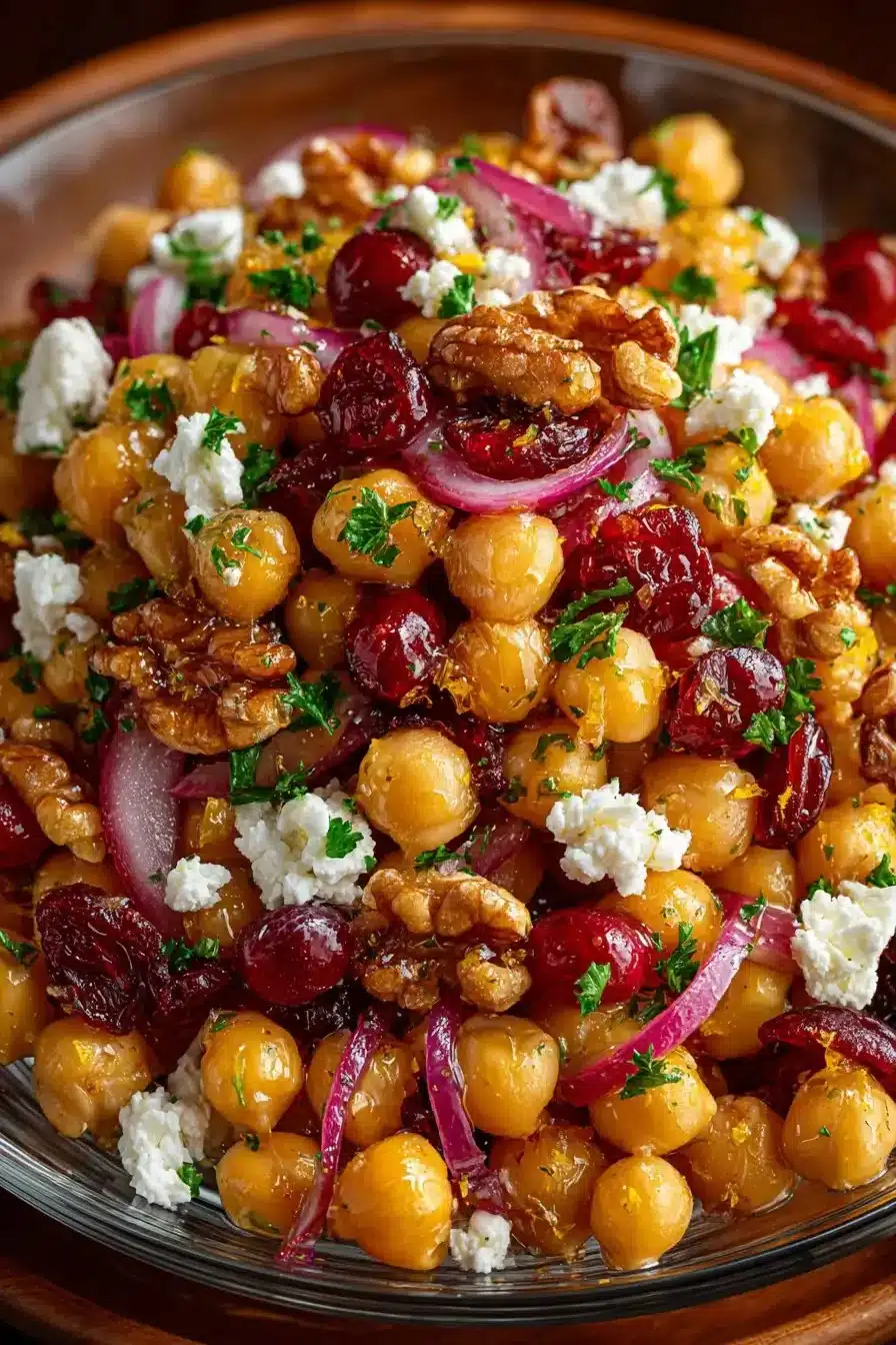 Cranberry Walnut Chickpea Salad served with orange vinaigrette in a bowl.
