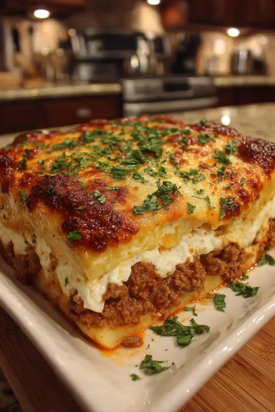 Creamy beef lasagna baked to perfection with layers of cheese and beef.