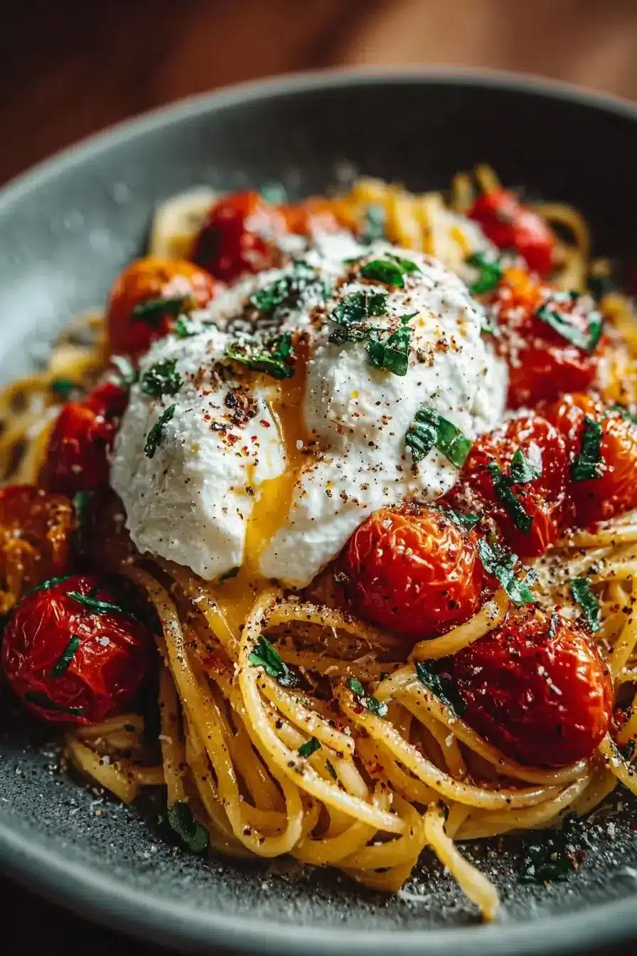 Creamy burrata pasta with roasted cherry tomatoes for a flavorful dish