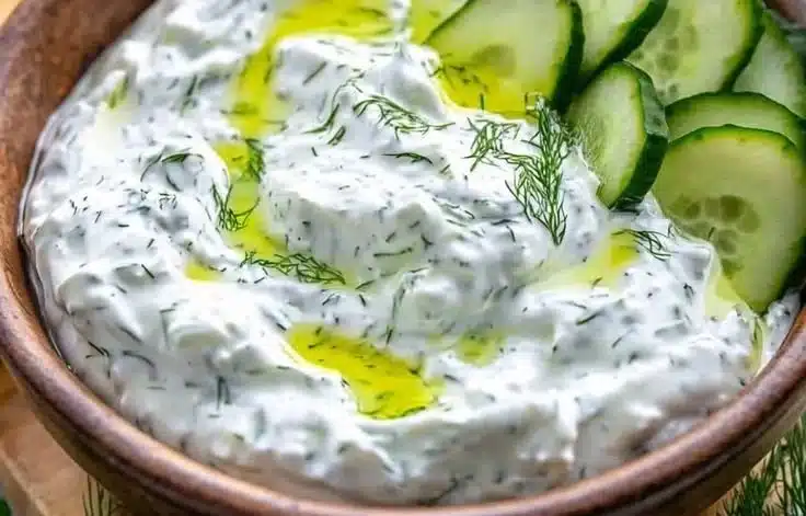 Creamy Greek yogurt cucumber dip served in a bowl with fresh herbs