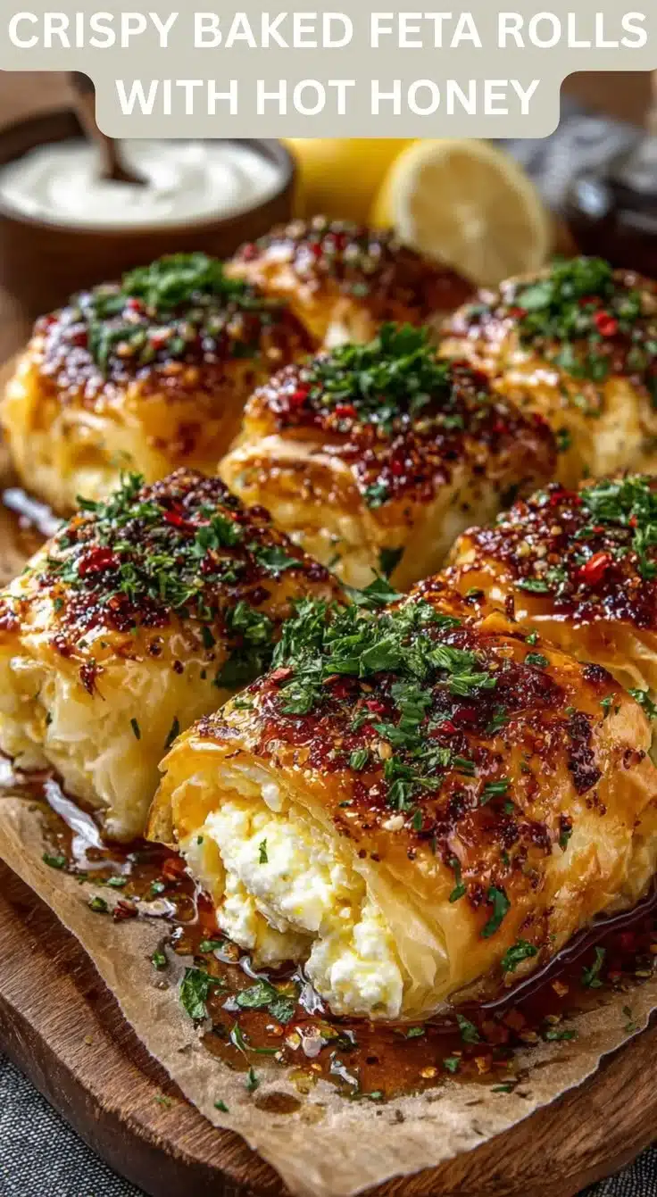 A plate of crispy baked feta rolls garnished with herbs.