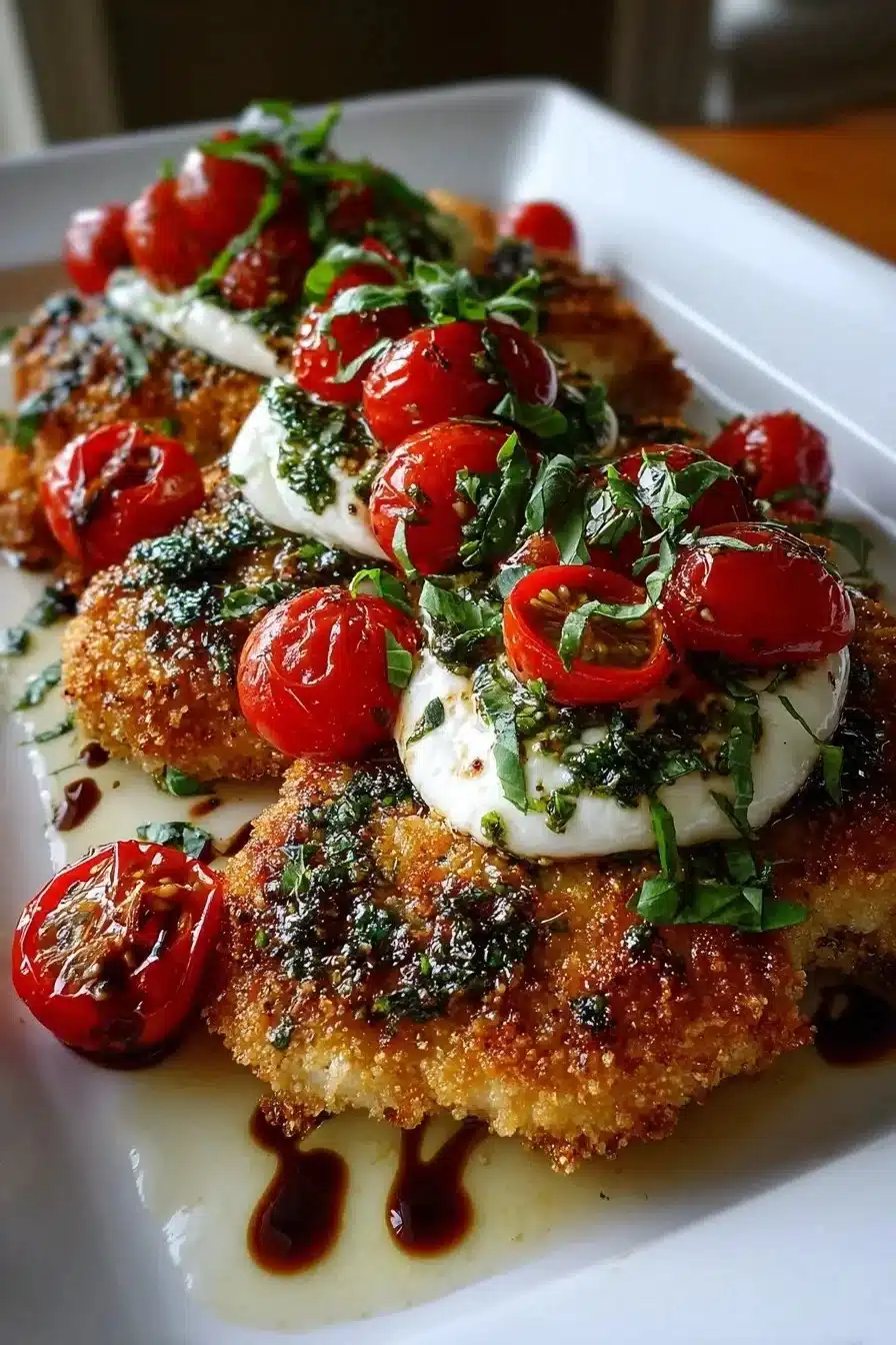 Crispy basil chicken cutlets served with fresh burrata cheese