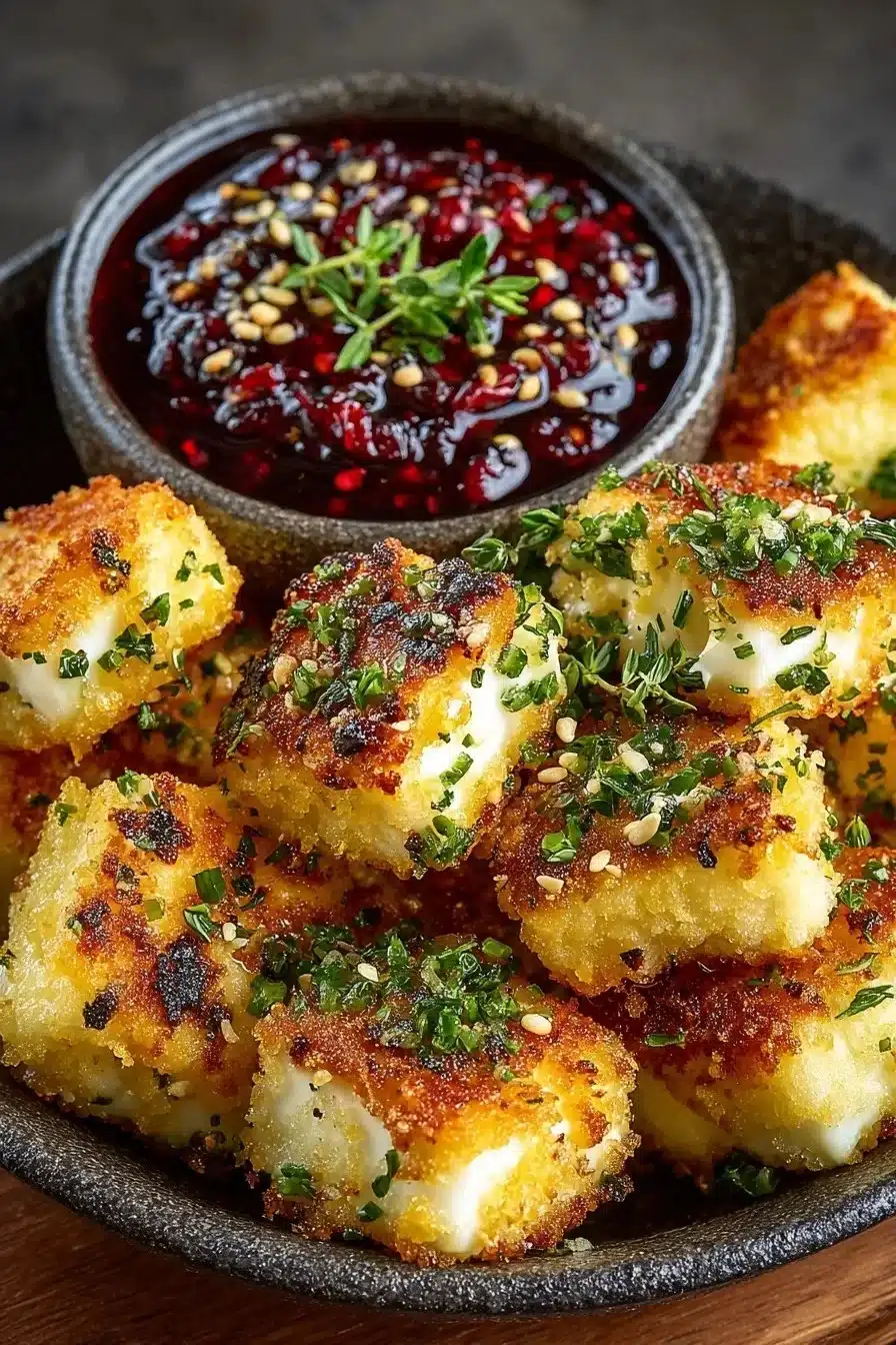 Crispy Halloumi Bites served with hot honey cranberry dip, an irresistible snack.