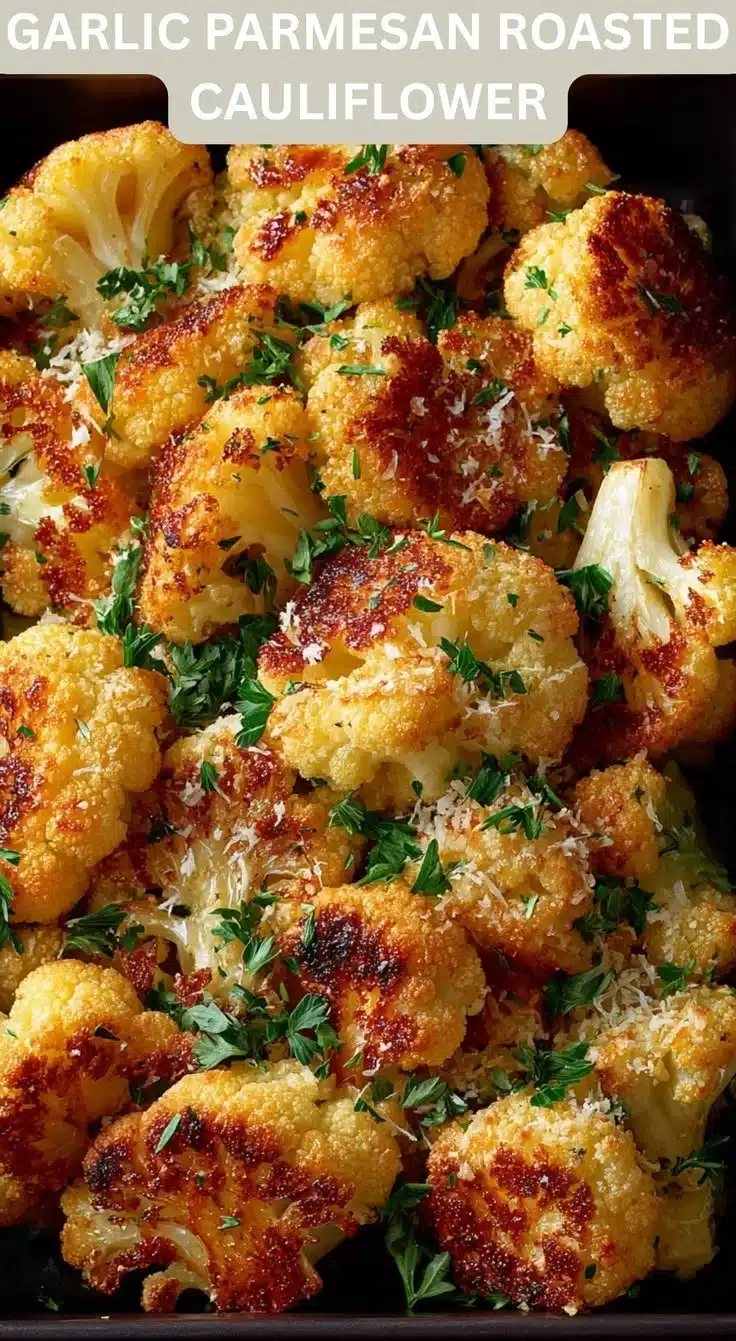 Bowl of Garlic Parmesan Roasted Cauliflower garnished with parsley