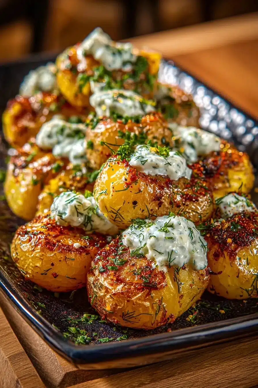 Delicious golden smashed potatoes topped with herbed yogurt.