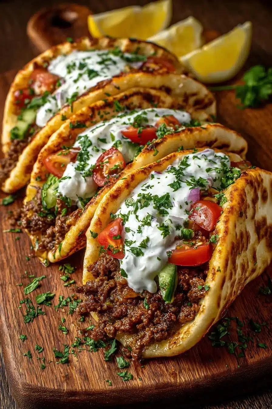 Greek beef stuffed pita with lemon garlic yogurt served on a plate