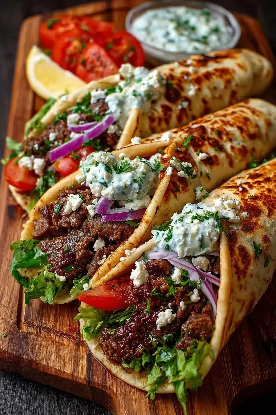 Greek beef wraps with cucumber feta sauce on a plate