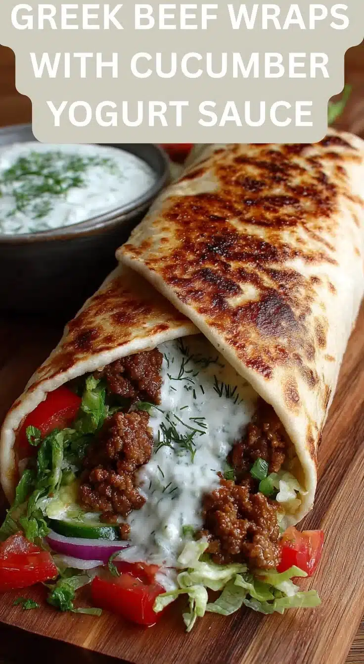 Greek beef wraps served with cucumber yogurt sauce on a plate