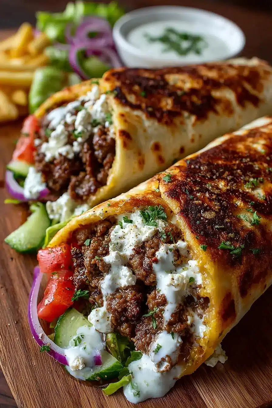 Greek beef wraps filled with roasted garlic feta and fresh ingredients