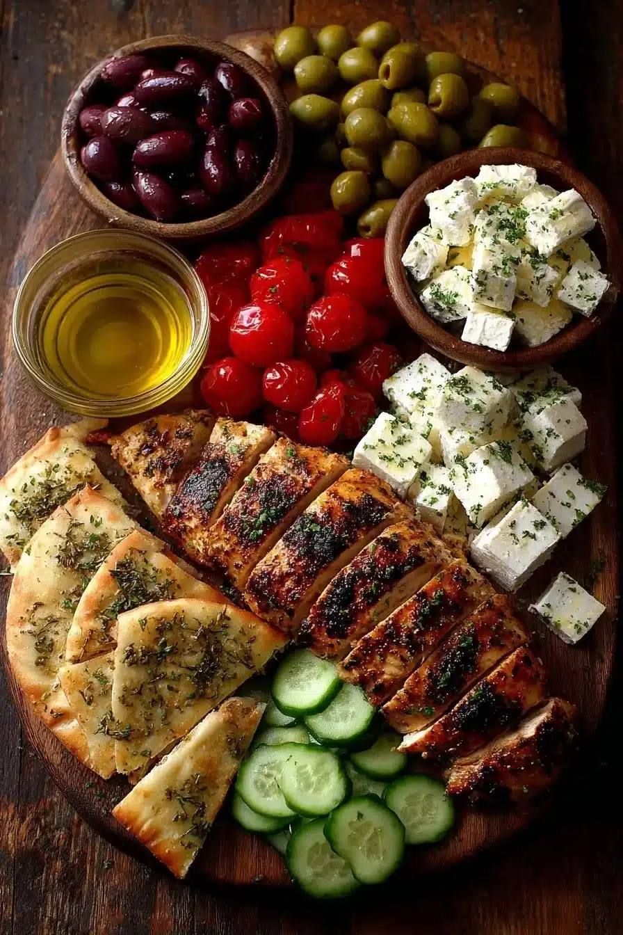 Greek chicken olive mezze board featuring grilled chicken and assorted olives.