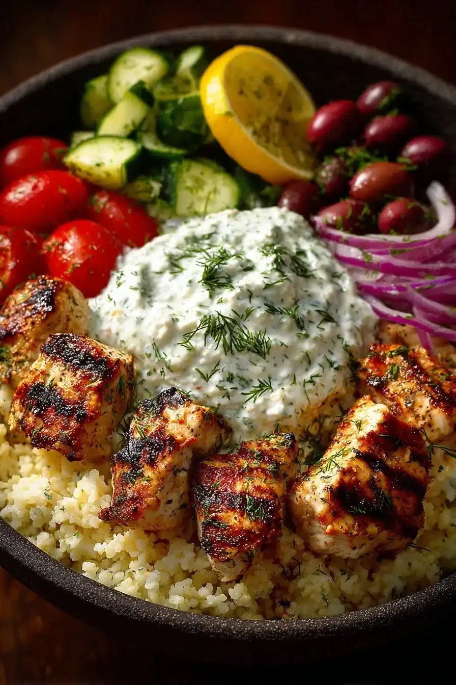 Delicious Greek chicken souvlaki bowls with marinated chicken and fresh vegetables