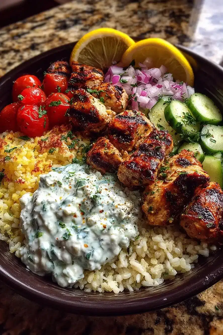 Greek chicken souvlaki bowl topped with creamy feta sauce and fresh ingredients