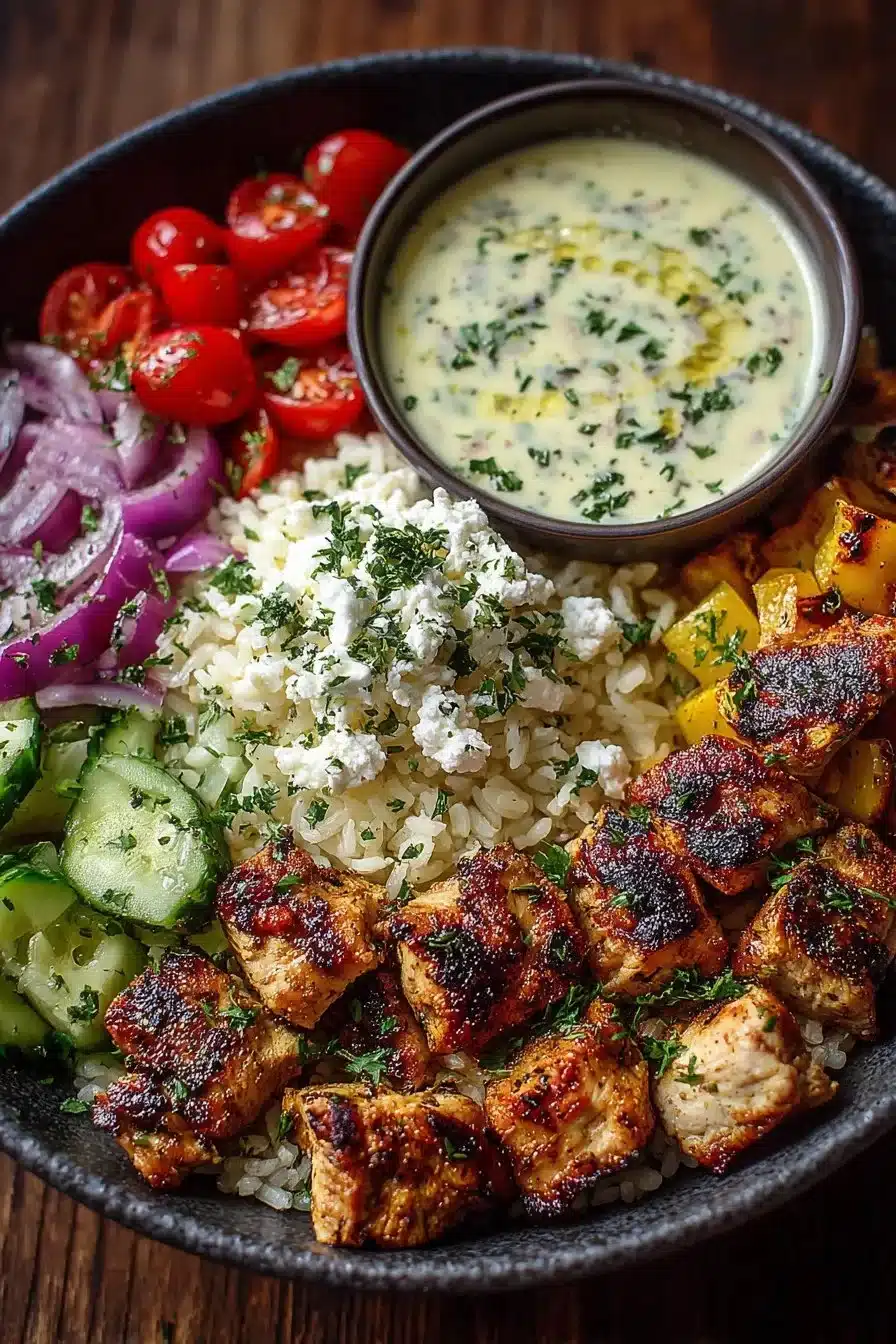 Greek Chicken Souvlaki Bowl topped with Tahini Garlic Sauce and fresh vegetables.