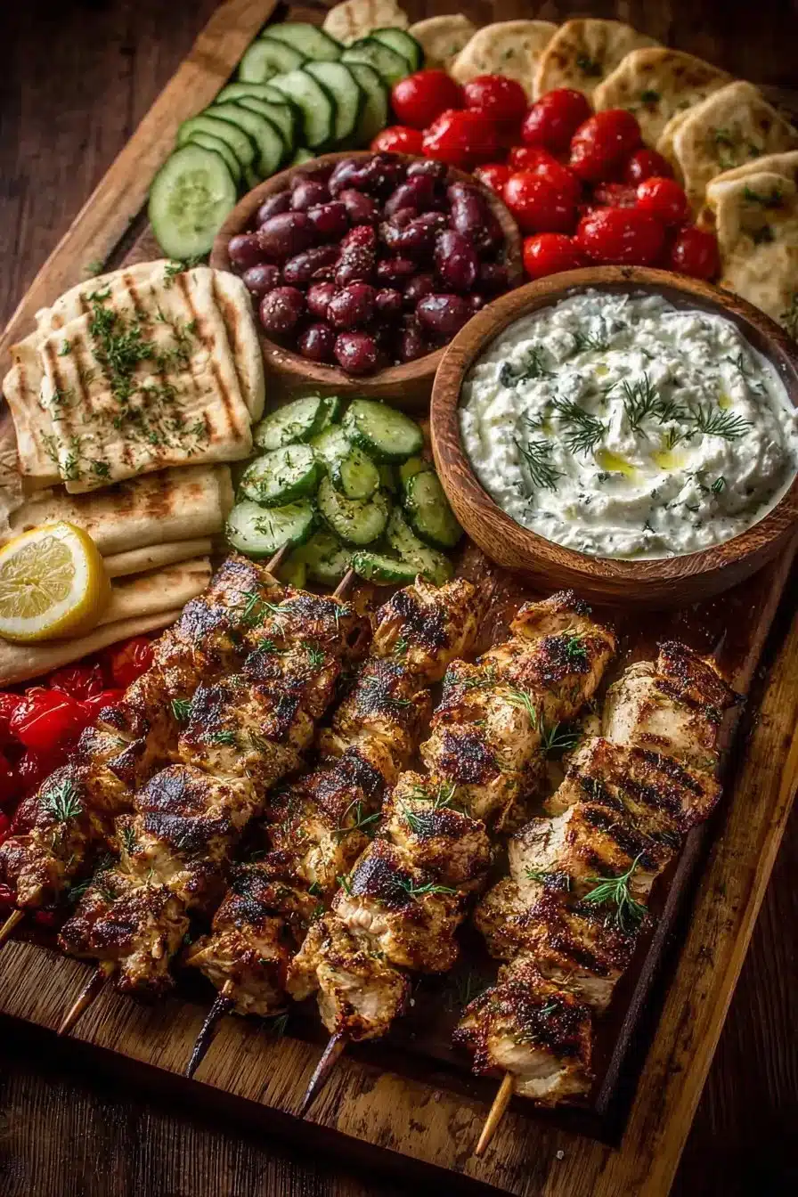 Greek chicken souvlaki grazing board with fresh ingredients and dips