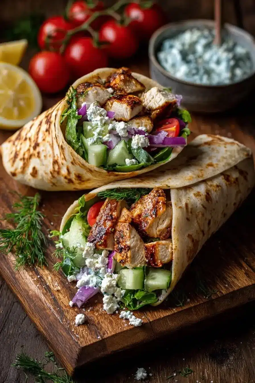 Greek chicken wraps garnished with cucumber sauce on a plate