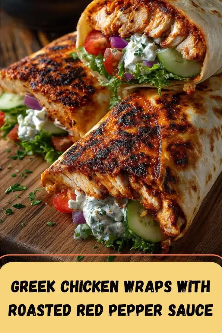 Delicious Greek chicken wraps with roasted red pepper sauce and fresh ingredients