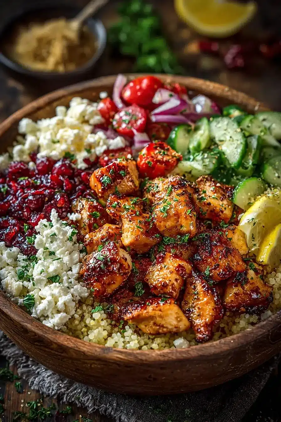 Greek Honey Garlic Chicken Bowl with cranberries and fresh vegetables