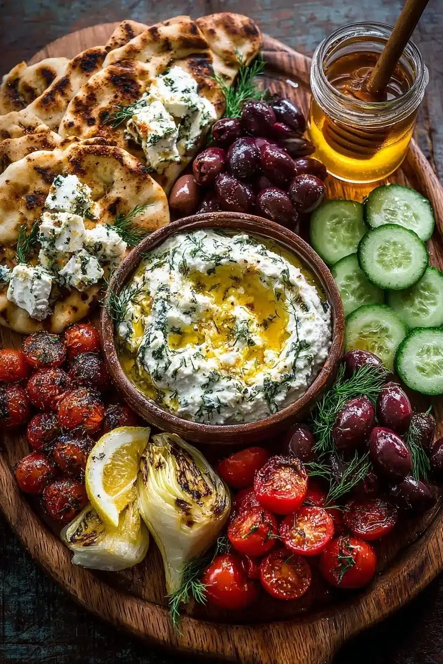 Greek mezze board with a bowl of whipped feta cheese and colorful accompaniments