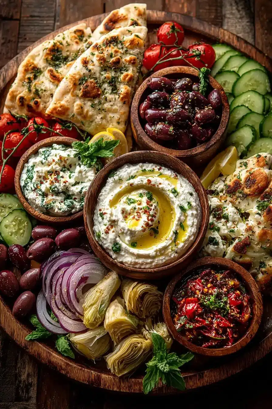 Greek mezze platter with whipped ricotta and assorted appetizers