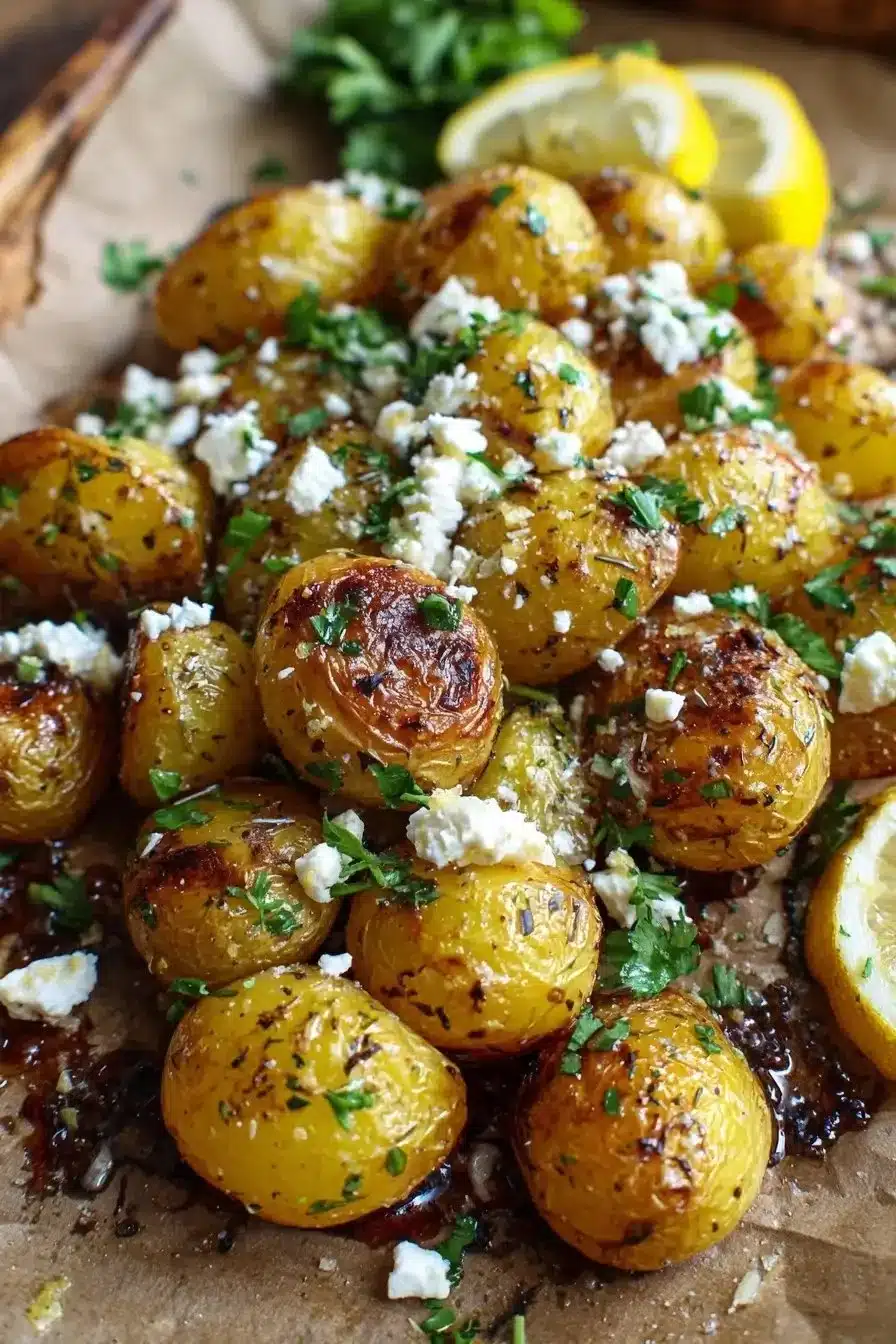 Greek roast potatoes with lemon and feta served in a bowl