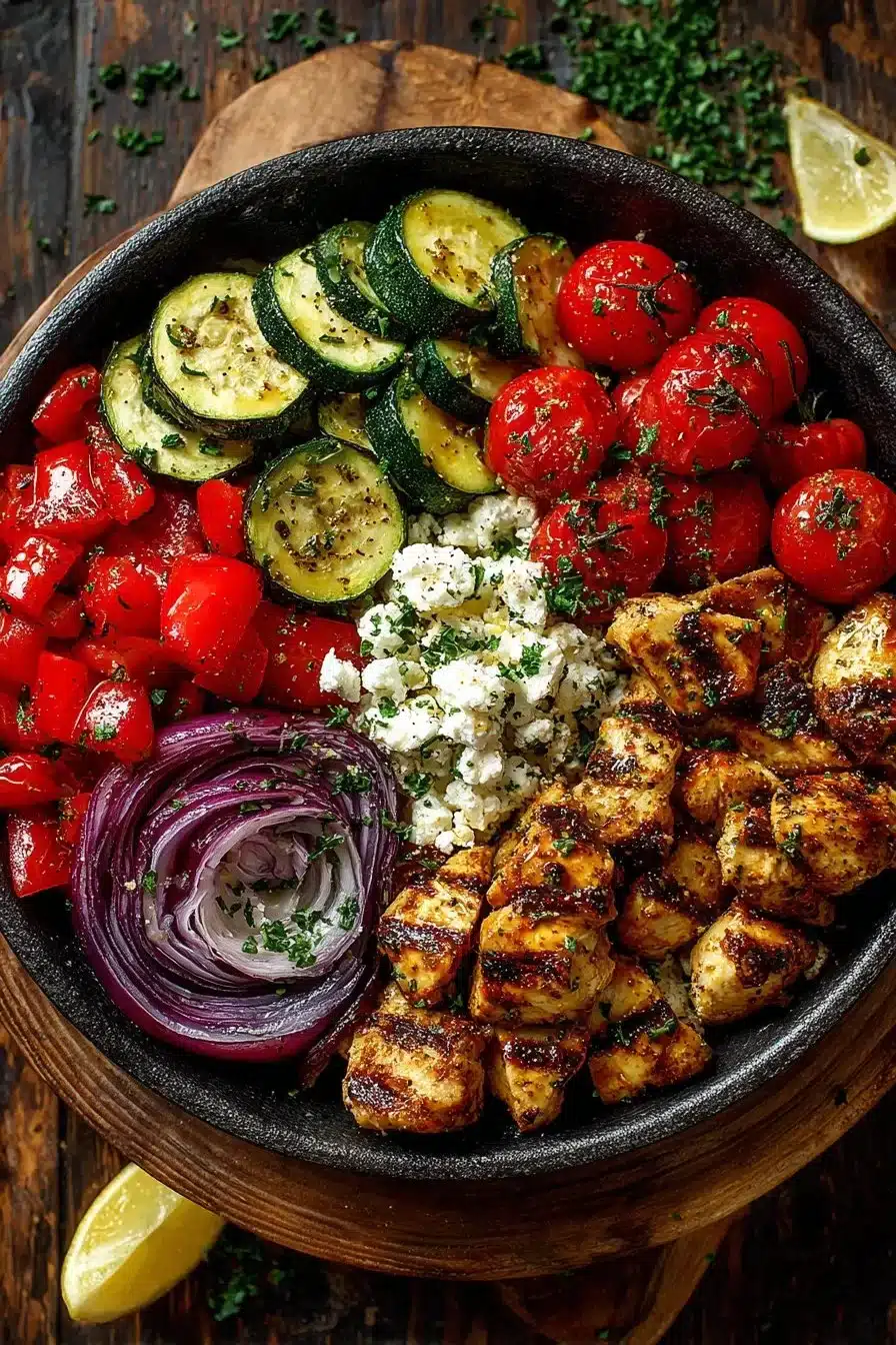 Greek roasted veg chicken bowl topped with maple honey glaze.