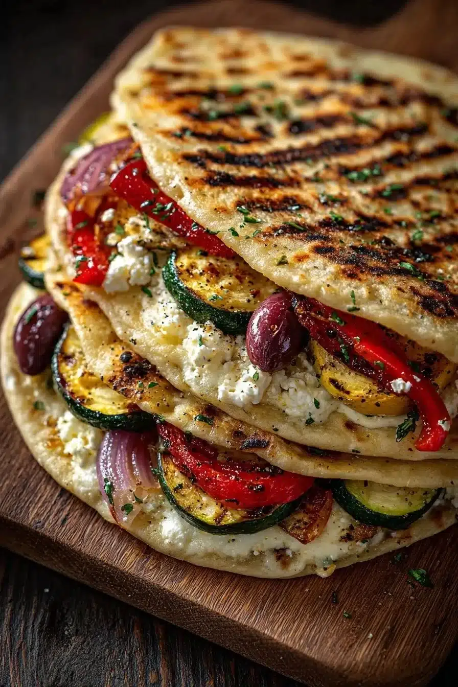 Delicious grilled Mediterranean veggie quesadillas filled with fresh vegetables