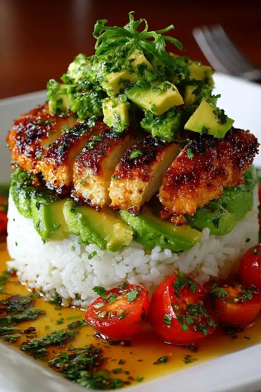 Honey lime chicken avocado rice stack served in a vibrant dish