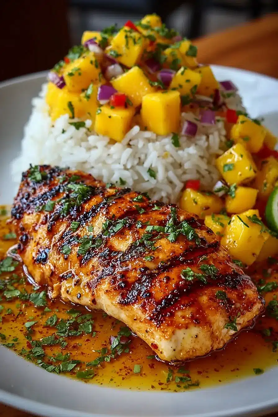 Honey lime chicken mango rice stack garnished with fresh herbs.