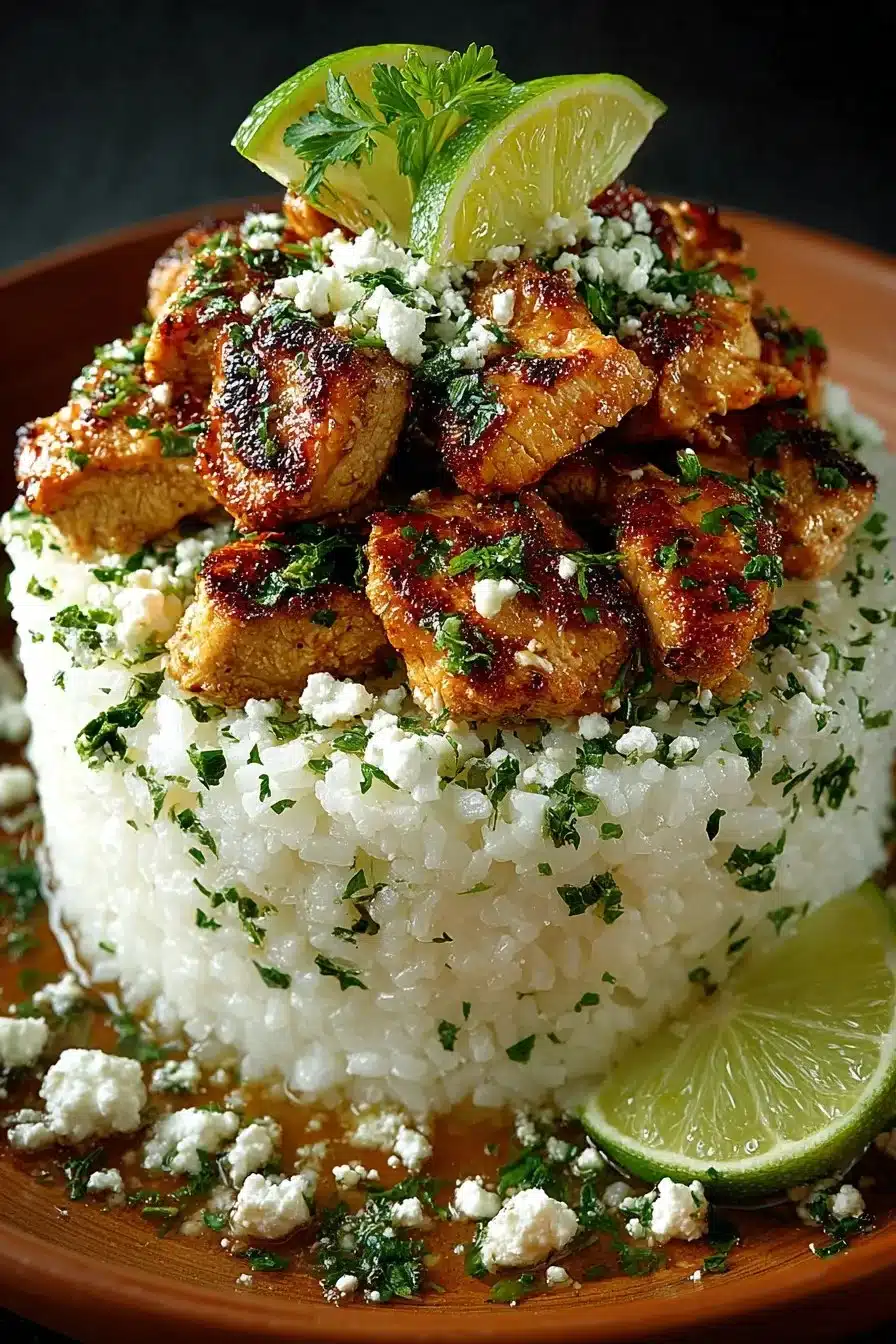 Honey Lime Chicken Rice Stack topped with feta crumble and fresh herbs