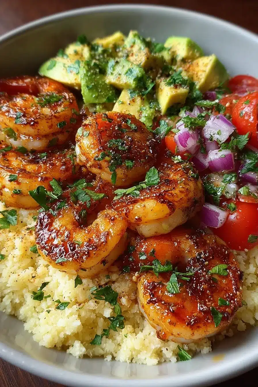 Honey Lime Shrimp served with Avocado Cauliflower Rice Stack for a healthy meal.