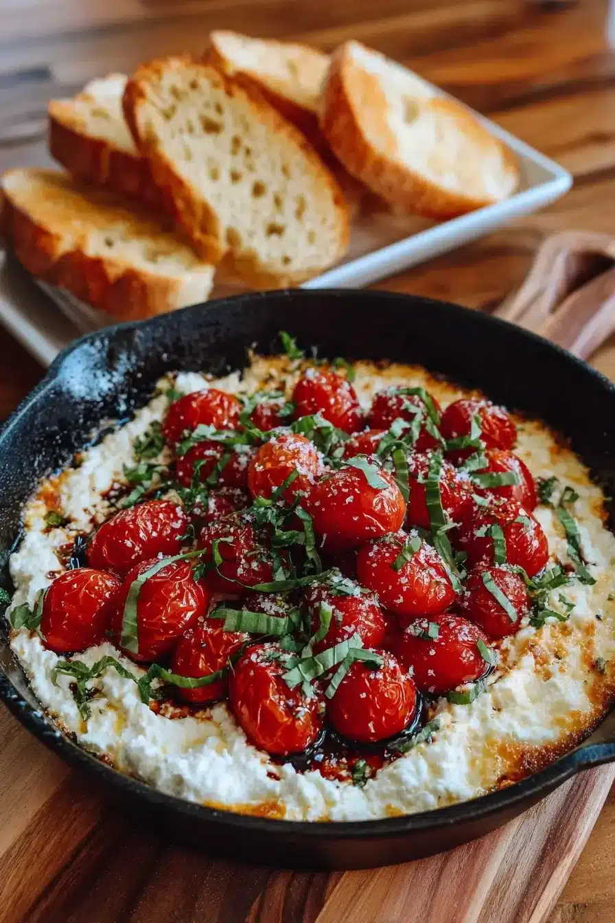 Hot caprese dip featuring burrata and fresh ingredients for a savory appetizer