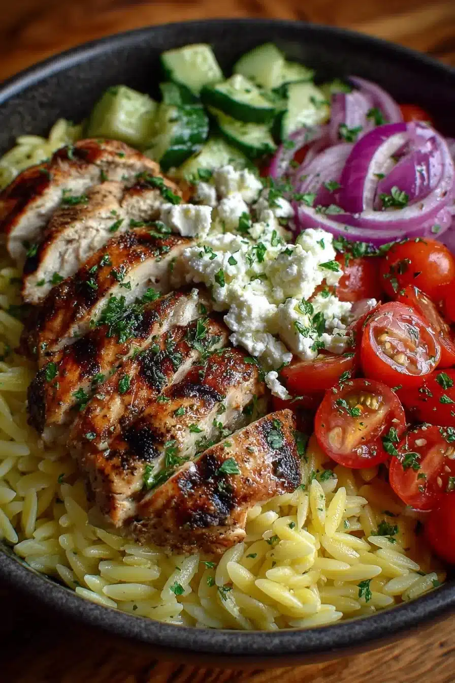 Lemon Orzo Greek Chicken Bowl with fresh vegetables and herbs