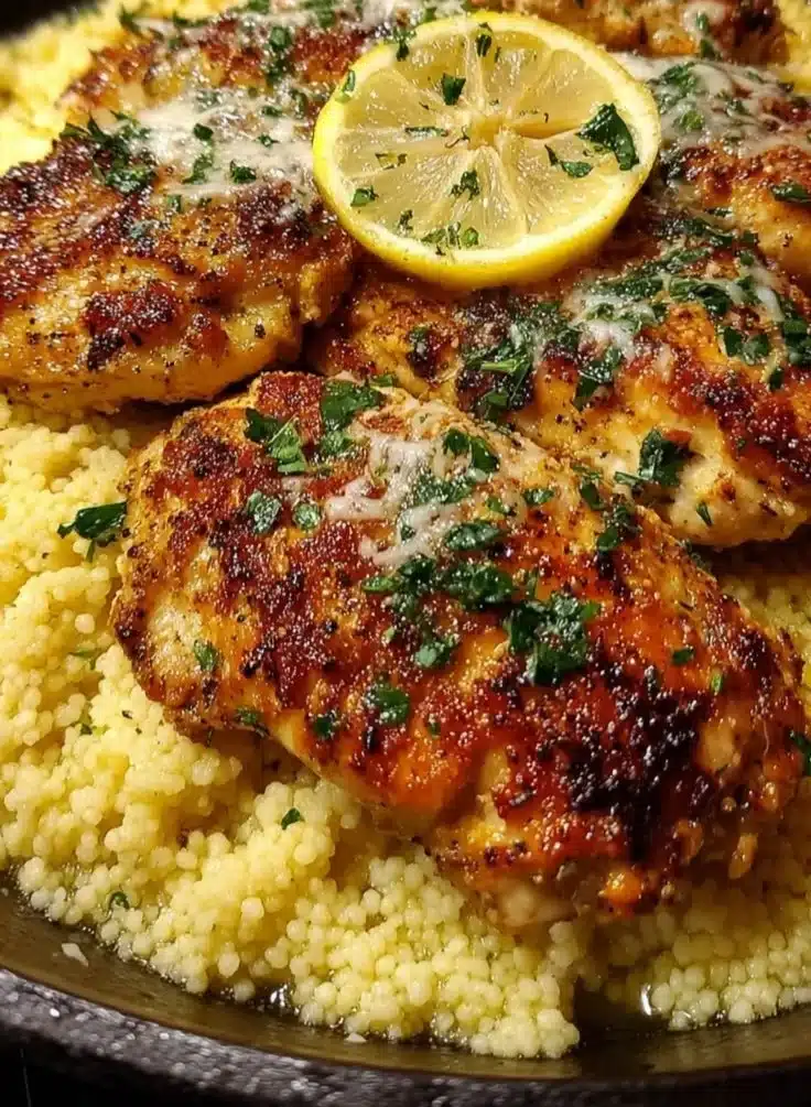 Delicious Lemon Parmesan Chicken served with fluffy couscous