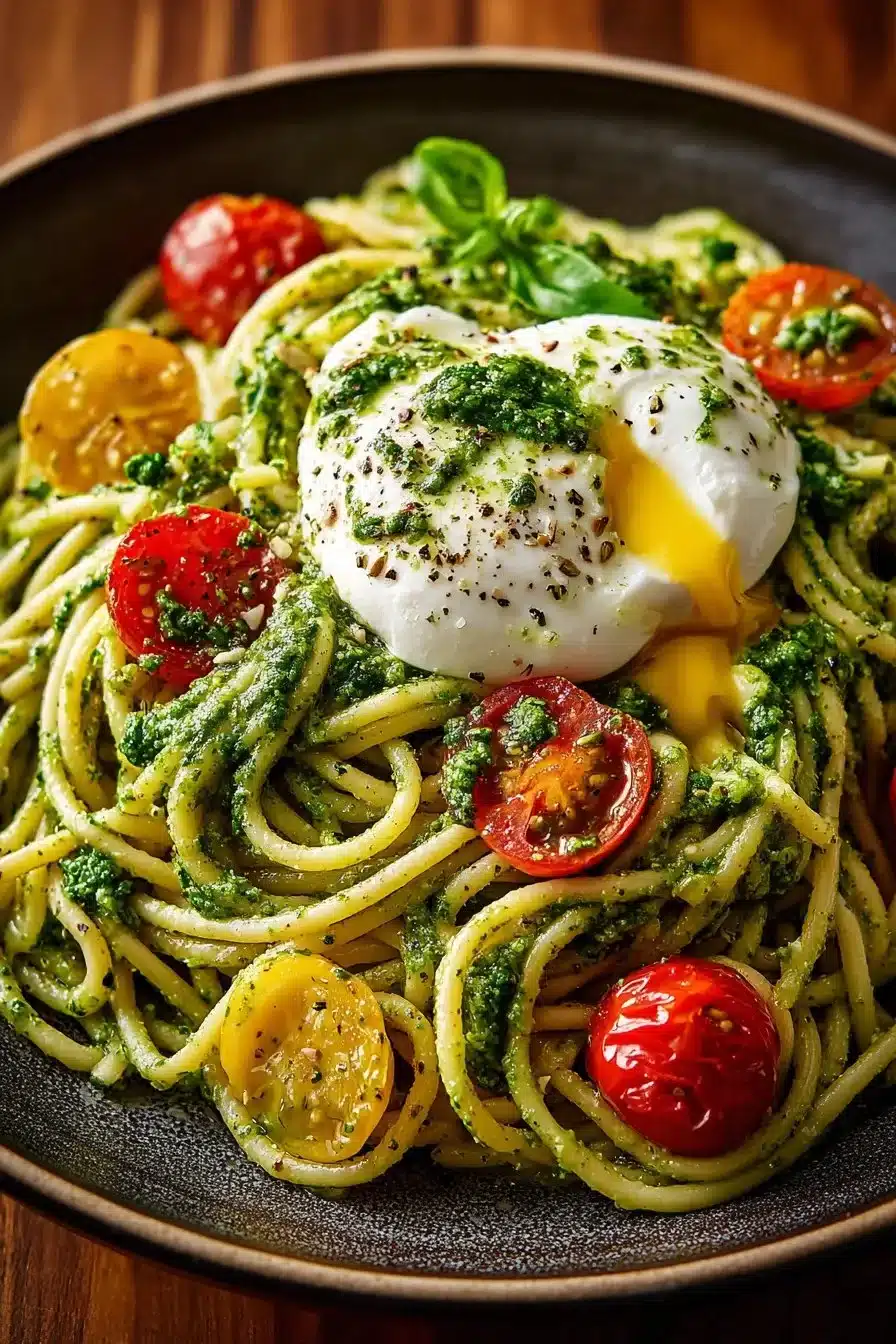 Bowl of Lemon Pesto Pasta topped with Burrata cheese and fresh herbs