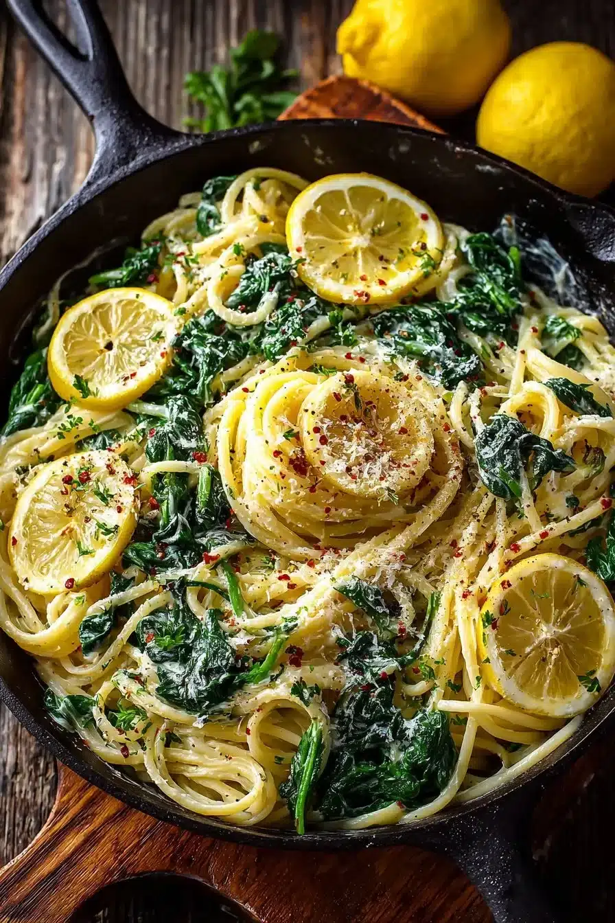 Plate of Lemon Ricotta Pasta with Spinach, garnished with lemon zest and herbs.