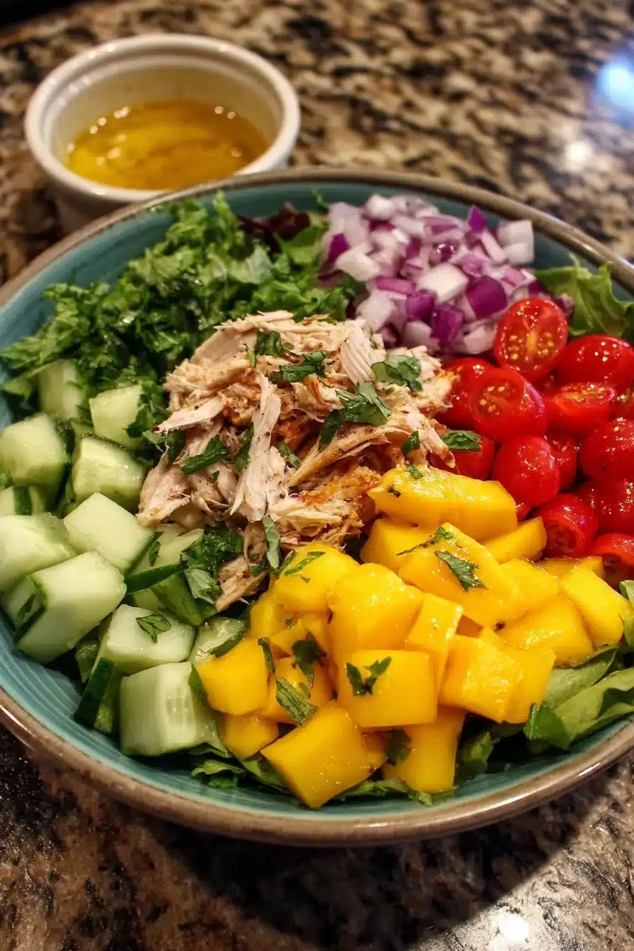 A vibrant Mango Lime Chicken Salad with colorful ingredients and a zesty dressing.