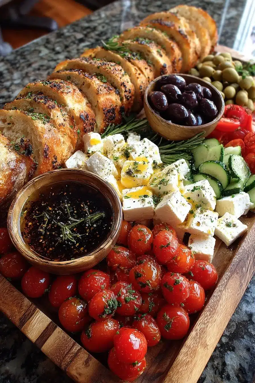 Mediterranean bread and cheese platter with assorted bread, cheese, olives and herbs.