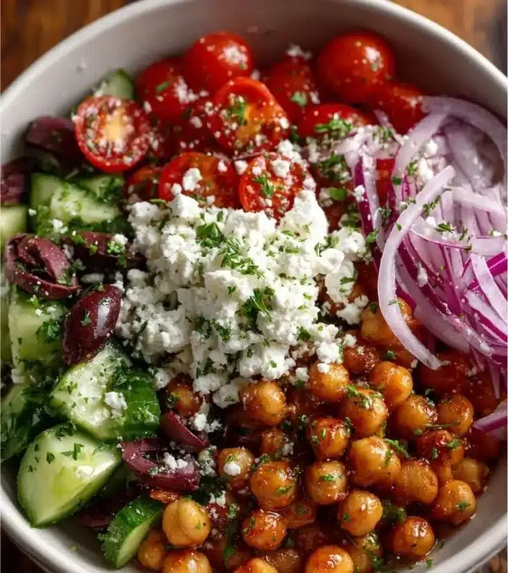 Mediterranean chickpea feta salad with colorful vegetables and dressing