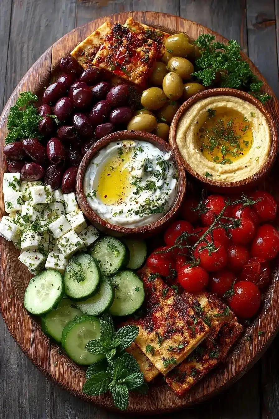 Mediterranean grazing board with hummus and yogurt dips arranged beautifully.