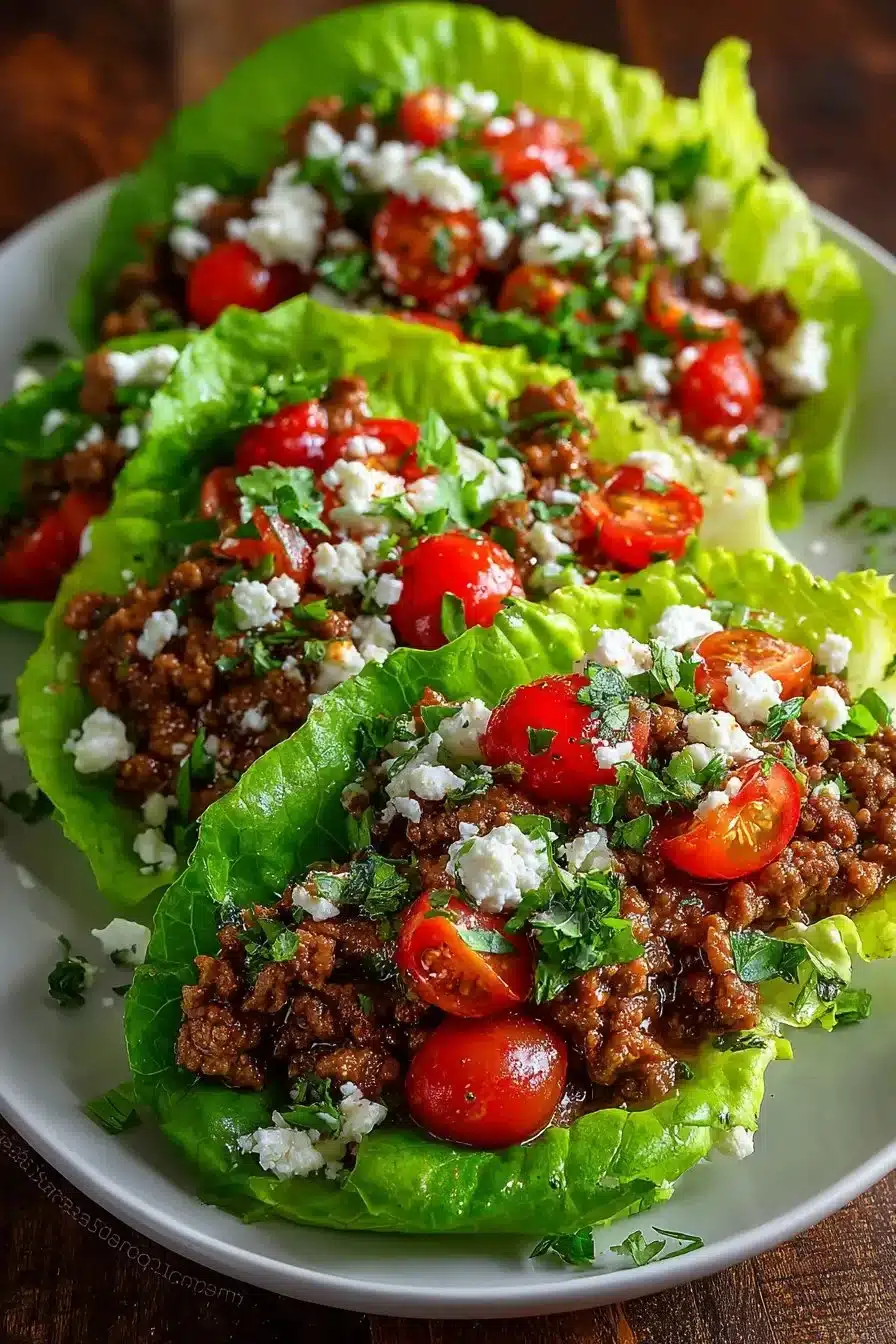 Delicious Mediterranean ground beef lettuce wraps served with fresh vegetables
