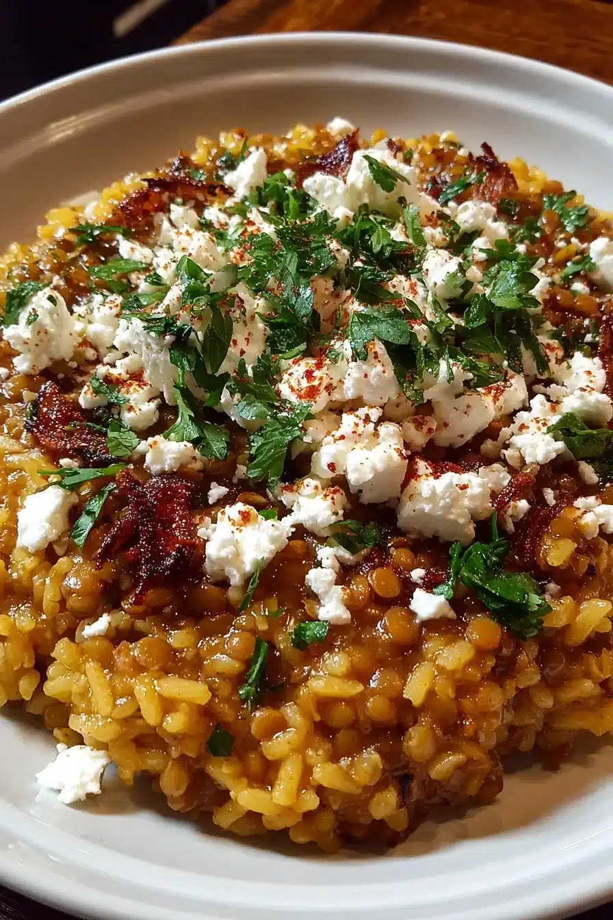 Bowl of Mediterranean Lentil Rice topped with crumbled feta cheese and fresh herbs