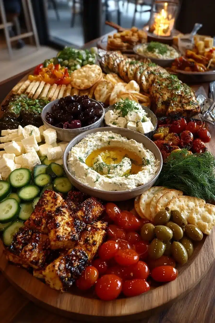 Colorful Mediterranean Mezze Tapas cheese and hummus platter for gatherings