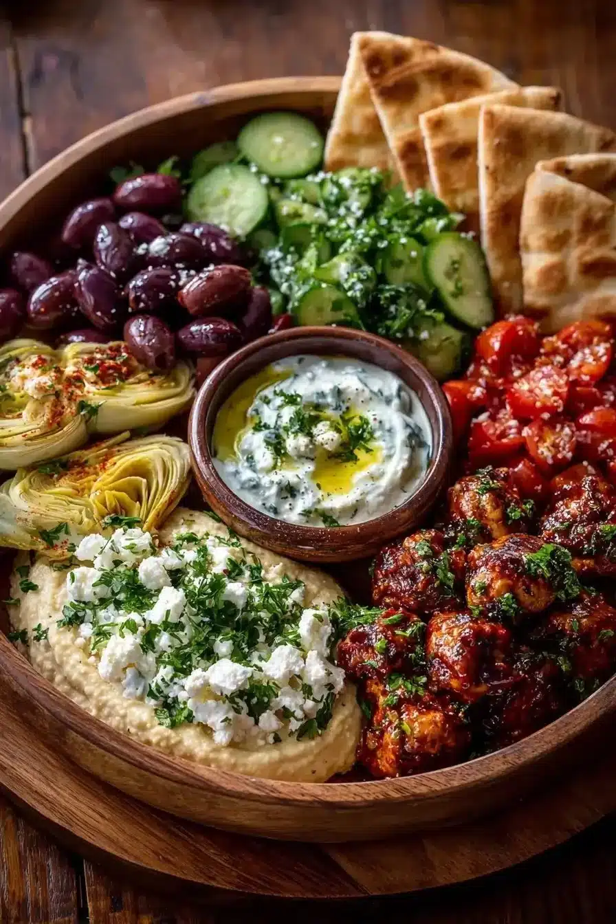Mediterranean mezze tapas platter featuring hummus, olives, and pita bread.