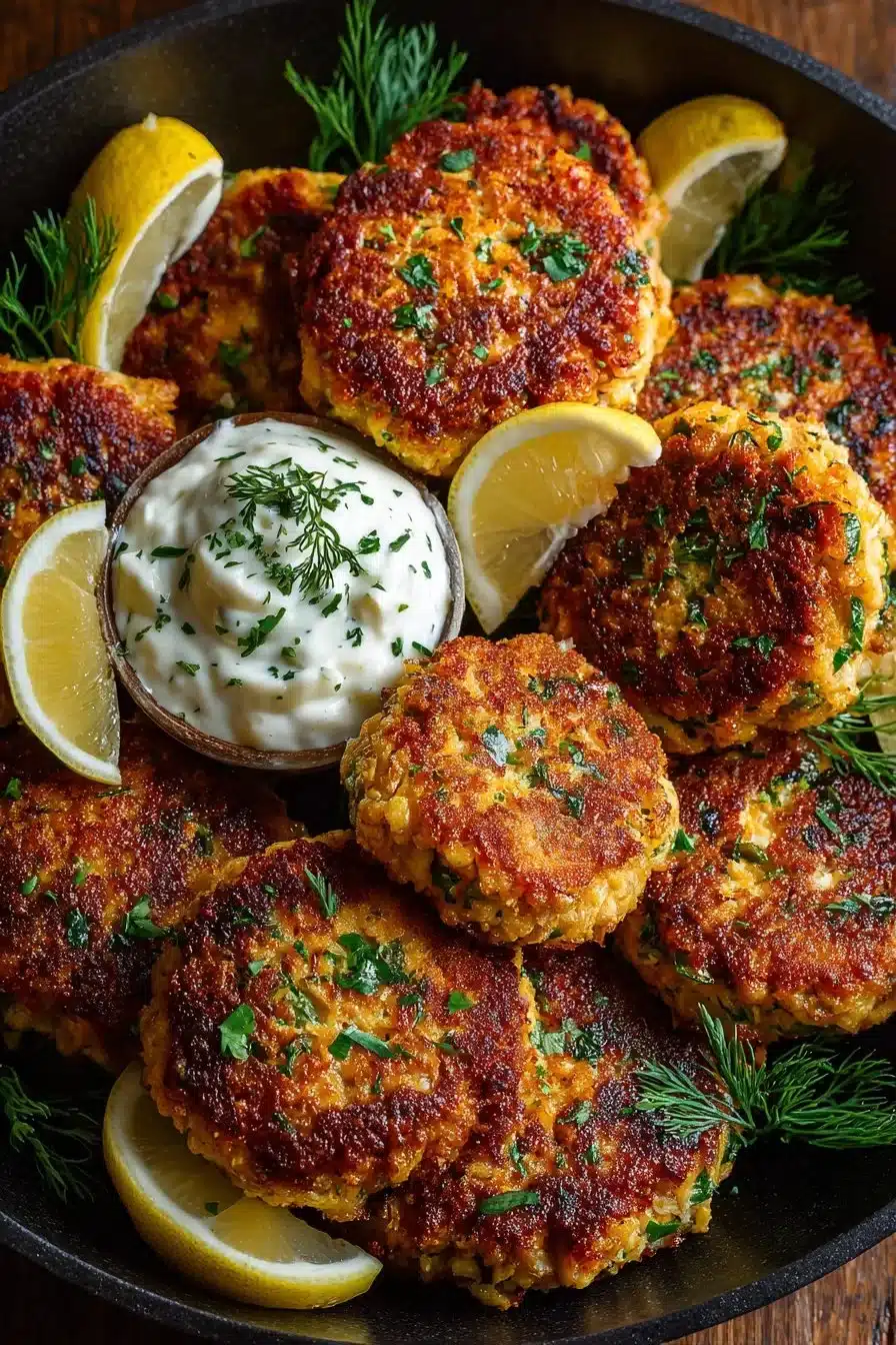 Mediterranean Salmon Patties served with fresh herbs and lemon