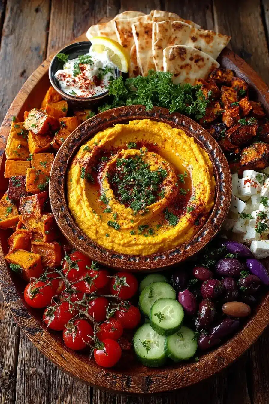Delicious Mediterranean Winter Mezze platter featuring creamy pumpkin hummus.