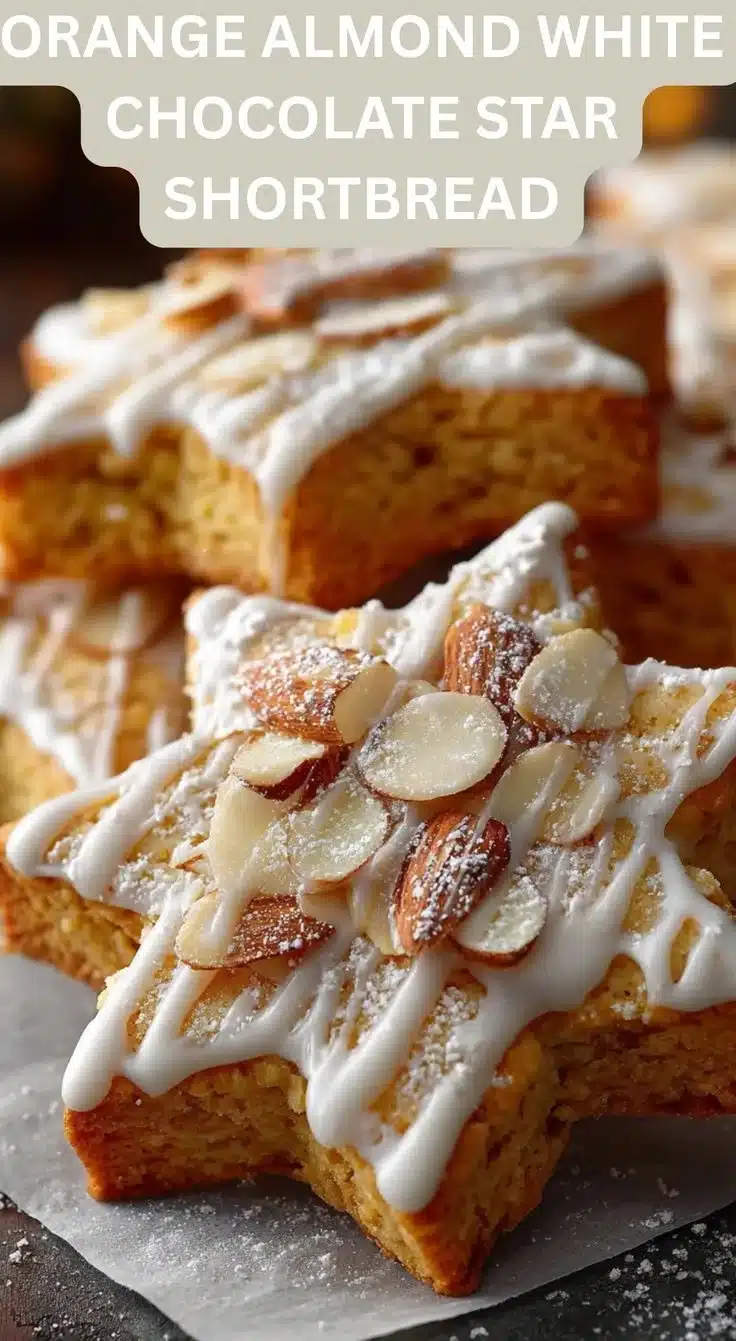 Orange almond white chocolate star shortbread cookies on a festive plate