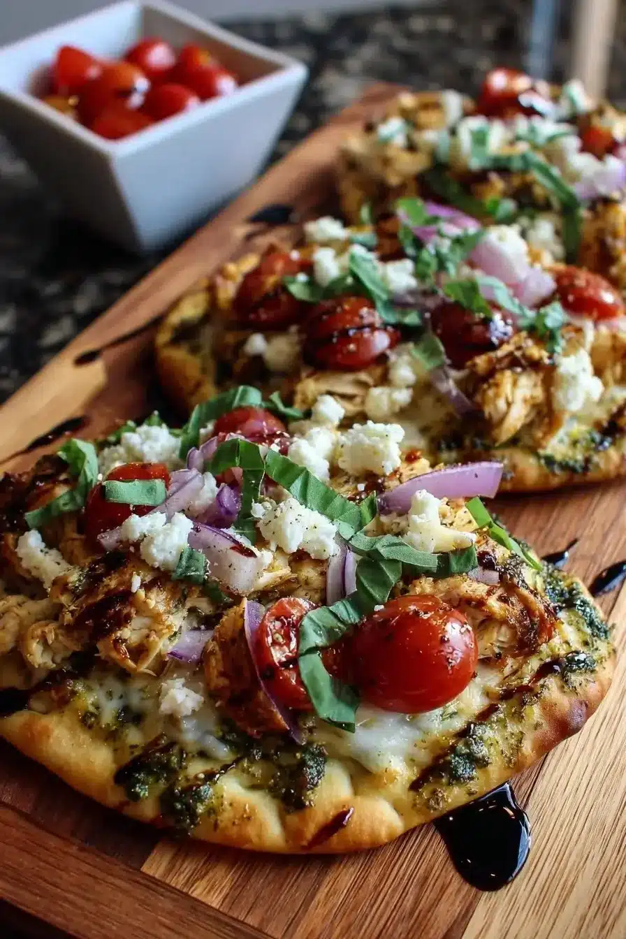 Pesto Chicken Flatbread topped with mozzarella cheese and fresh ingredients