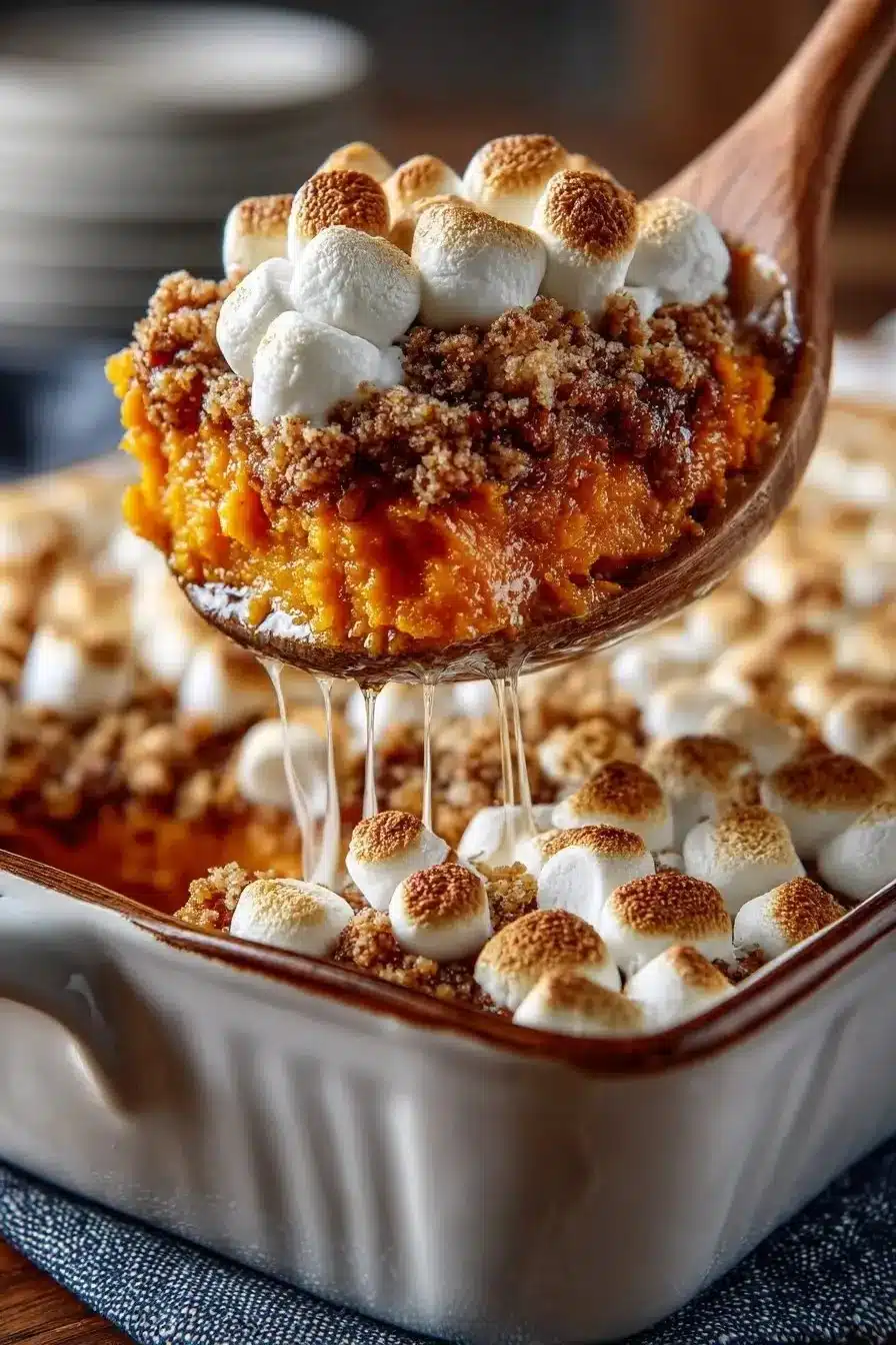 Delicious Pioneer Woman sweet potato casserole topped with marshmallows.