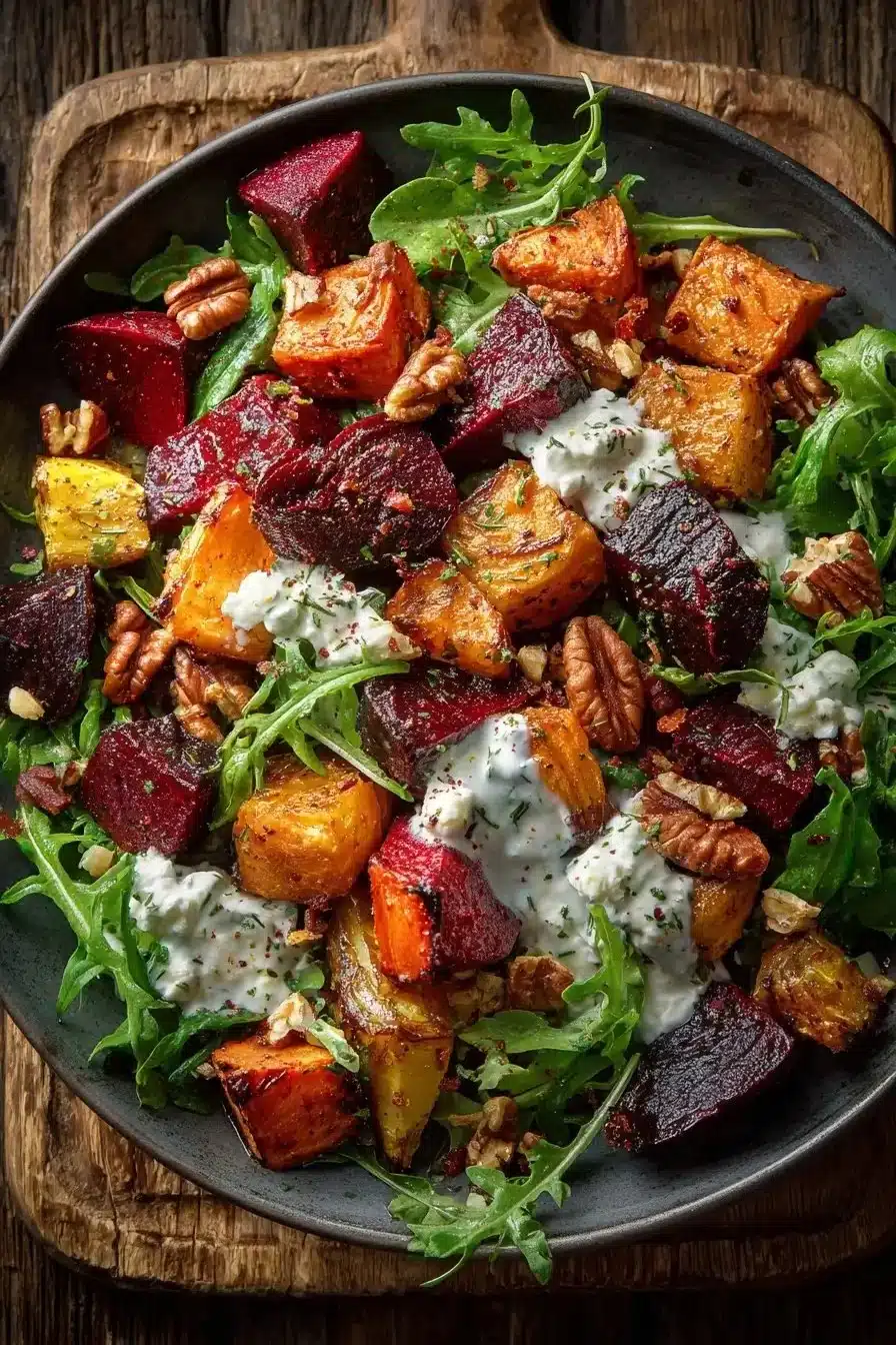Roasted beet sweet potato salad with feta served in a bowl