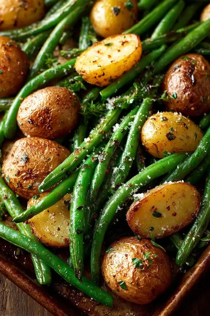 Bowl of roasted green beans and potatoes, a healthy side dish.